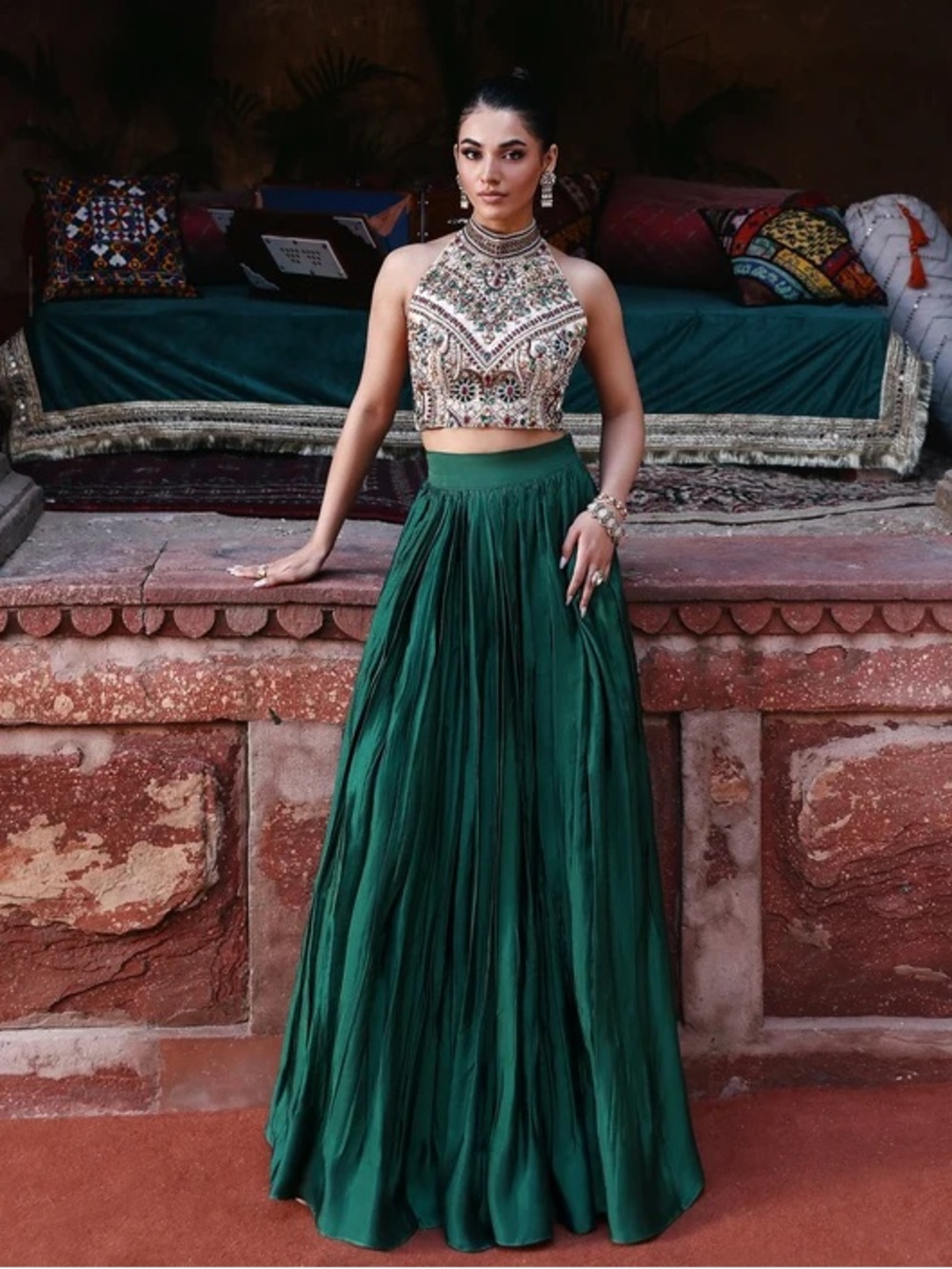 Sherri Hill Emerald Green Pleated Satin Maxi Skirt